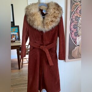 70’s Vintage Rust Suede Trench Coat with Cream Shearling Collar
